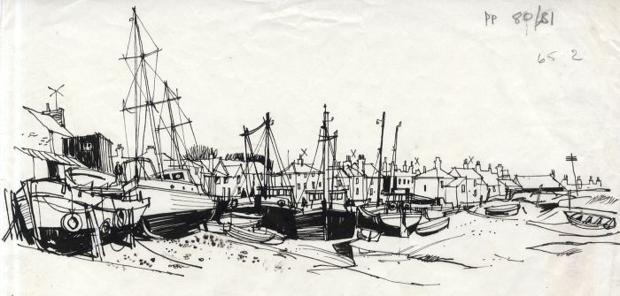 Paul Sharp - Mid 20th Century Pen and Ink Drawing, Dock in Creeksea