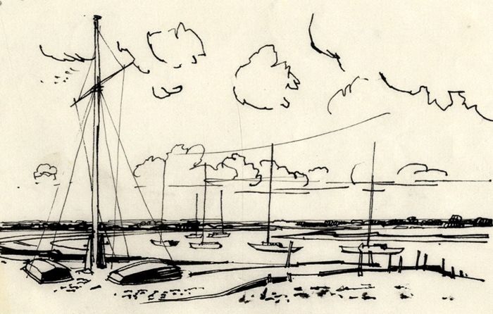 Paul Sharp - Mid 20th Century Pen and Ink Drawing, Beaulieu from Needs Oar Point
