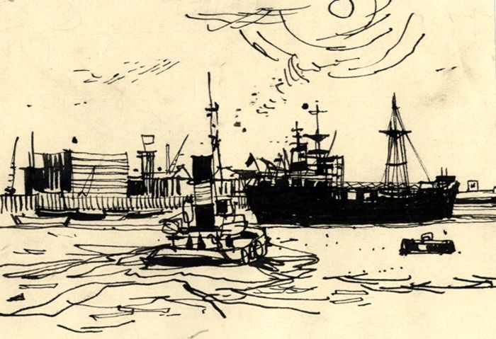 Paul Sharp - Mid 20th Century Pen and Ink Drawing, Ships in Dock