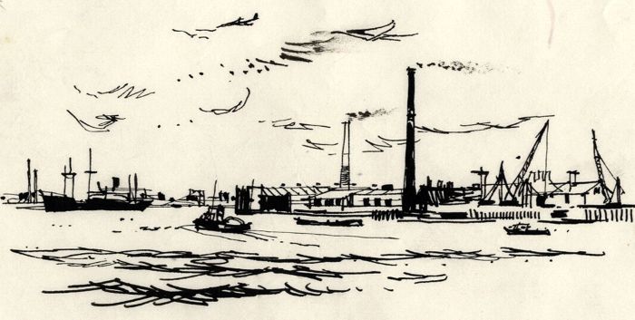 Paul Sharp - Mid 20th Century Pen and Ink Drawing, Greenwich Docks