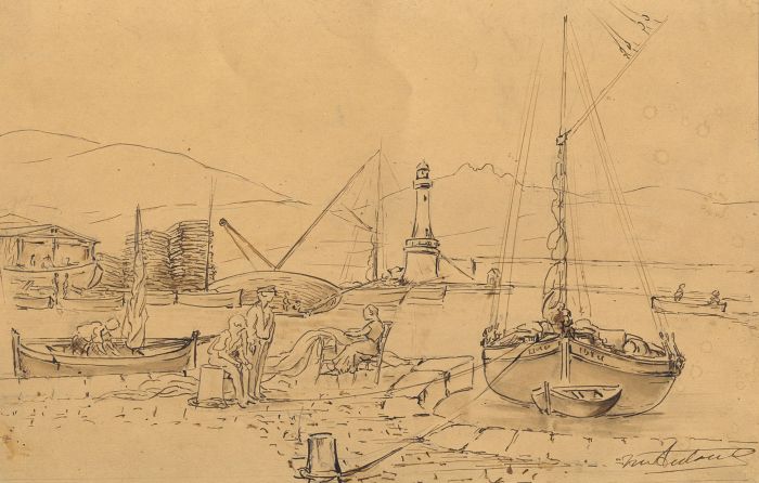 19th Century Pen and Ink Drawing - Harbour Scene