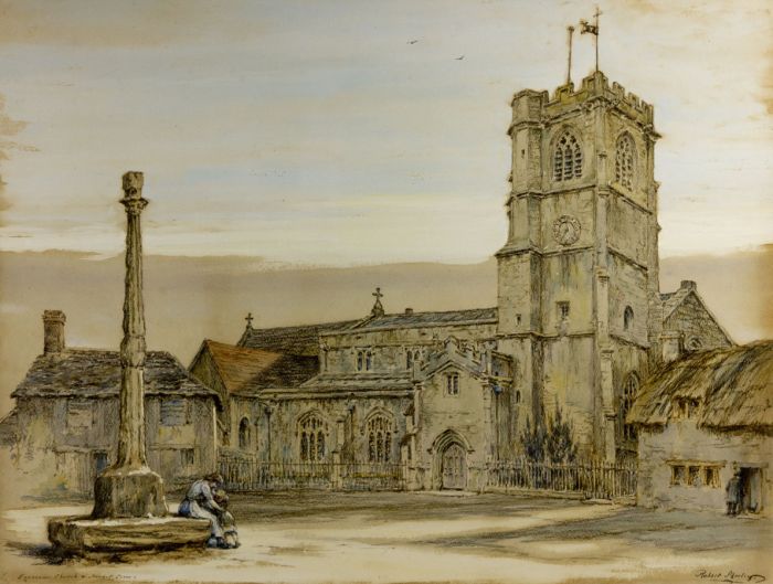 Robert Morely RBA - Early 20th Century Mixed Media, Eyvsham Church, Market Cross