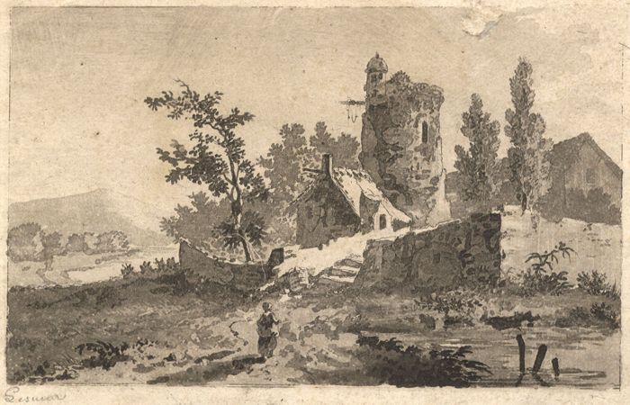 18th Century Aquatint - Farm Scene with Figure
