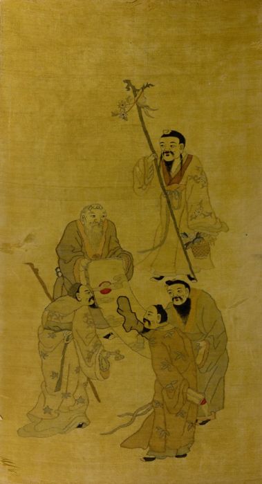 19th Century Embroidery - Chinese Silk Work Picture, Figures Examining Scroll
