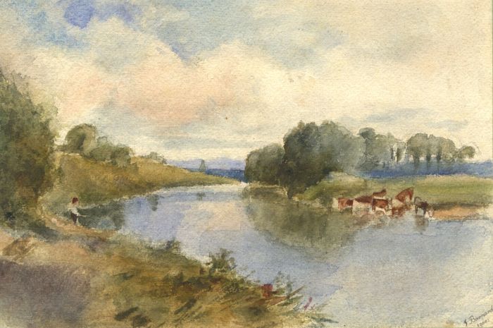J. Barnard - 1900 Watercolour, Fishing at the River