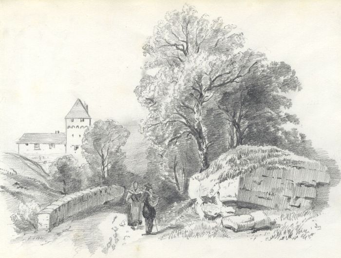 Mid 19th Century Graphite Drawing - Country Road with Figures