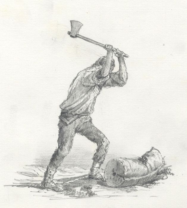 Mid 19th Century Graphite Drawing - Woodcutter with Axe