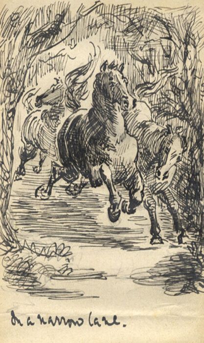 Late 19th Century Pen and Ink Drawing - Horses on a Narrow Lane
