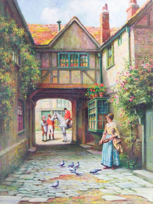 Early 20th Century Oil - Feeding Pigeons in a Cobbled Courtyard