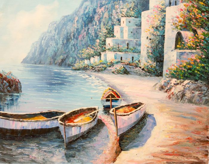 Original Contemporary Studio Oil Painting, Rowing Boats at Shore