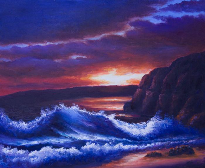 Original Contemporary Studio Oil Painting, Waves at Sunset