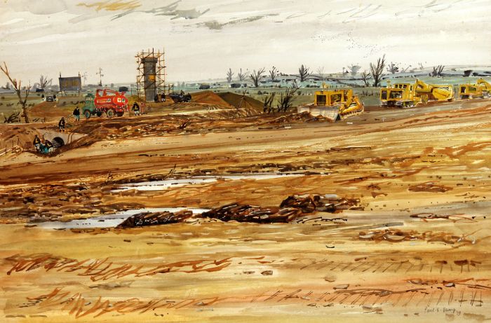 Paul Sharp - 1959 Gouache, Building the M1 Motorway, Bedfordshire