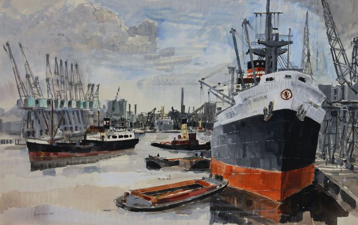 Paul Sharp - Large 1963 Gouache, View of Ships in Dock