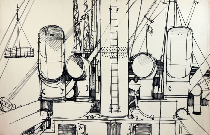 Paul Sharp - Mid 20th Century Pen and Ink Drawing, View on Ship's Deck in Dock