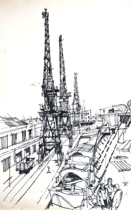 Paul Sharp - Large Early 20th Century Pen and Ink Drawing, Dockyard Scene