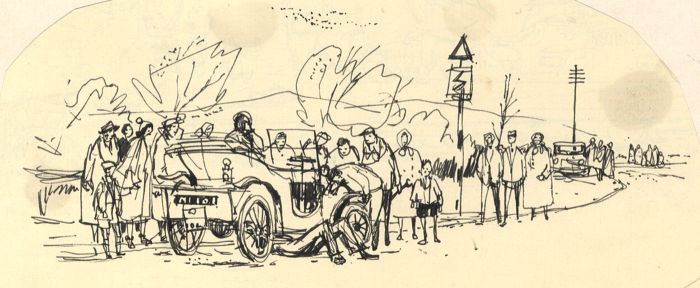 Paul Sharp - Mid 20th Century Pen and Ink Drawing, Watching Car Repairs