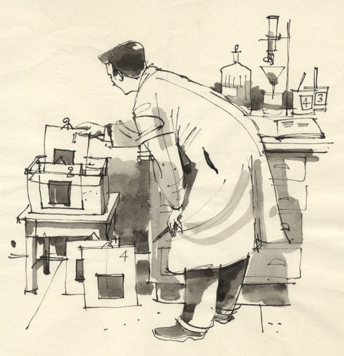 Paul Sharp - Mid 20th Century Pen and Ink Drawing, Man in Lab