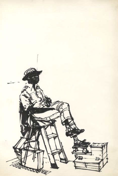 Paul Sharp - Mid 20th Century Pen and Ink Drawing, Shoe Shiner