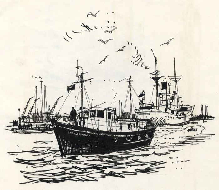 Paul Sharp - Mid 20th Century Pen and Ink Drawing, Boats near Dockyard