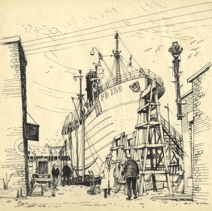 Paul Sharp - Mid 20th Century Pen and Ink Drawing, Boat in Dry Dock