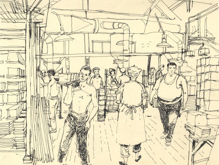 Paul Sharp - Mid 20th Century Pen and Ink Drawing, Factory Scene