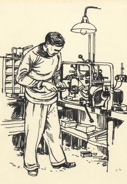 Paul Sharp - Mid 20th Century Pen and Ink Drawing, Man in Workshop