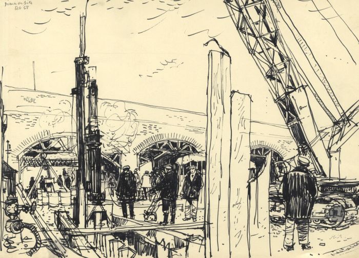 Paul Sharp - 1958 Pen and Ink Drawing, Construction Site