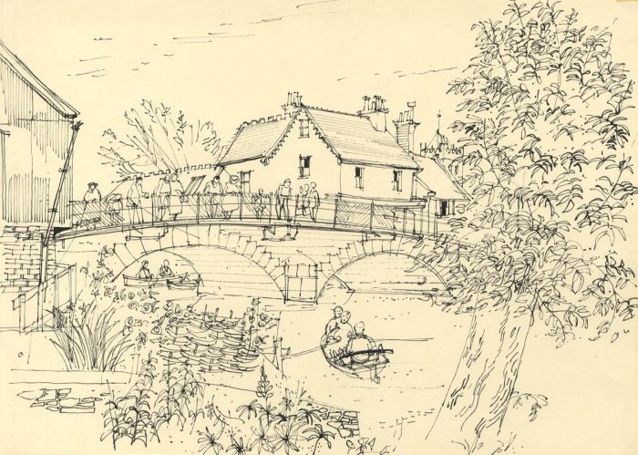 Paul Sharp - Mid 20th Century Pen and Ink Drawing, Bridge with Rowing Boats