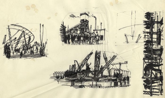 Paul Sharp - Mid 20th Century Pen and Ink Drawing, Construction Sketches