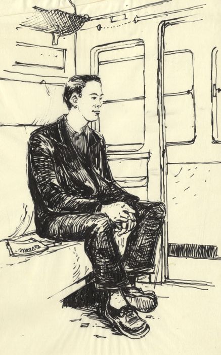Paul Sharp - Mid 20th Century Pen and Ink Drawing, Seated Man on Train