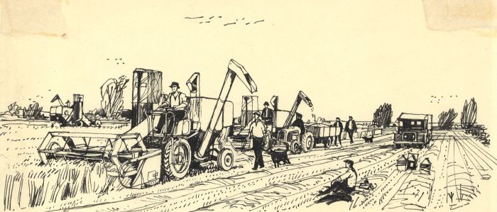 Paul Sharp - Mid 20th Century Pen and Ink Drawing, Combine Harvesting