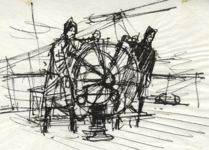 Paul Sharp - Mid 20th Century Pen and Ink Drawing, Men at the Ship's Wheel