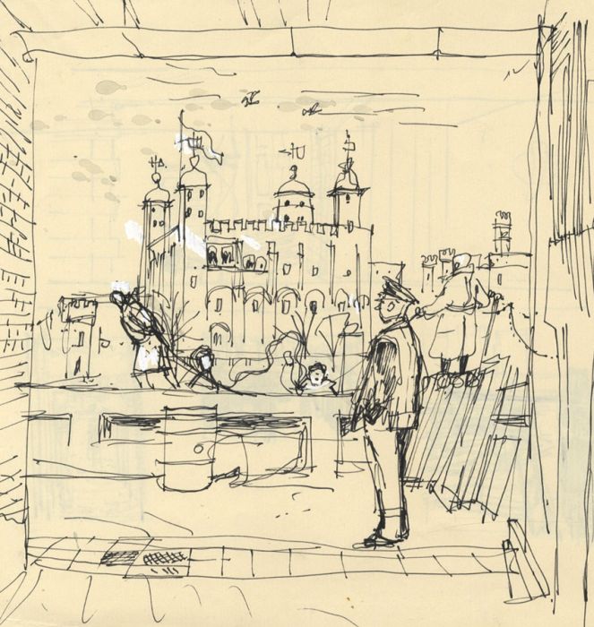 Paul Sharp - Mid 20th Century Pen and Ink Drawing, Tower of London View