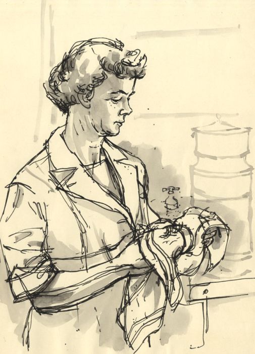 Paul Sharp - Mid 20th Century Pen and Ink Drawing, Portrait of a Woman Cleaning