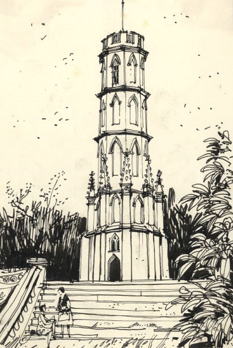Paul Sharp - 1963 Pen and Ink Drawing, Charborough Park Gothic Tower, Dorset