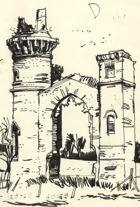 Paul Sharp - 1963 Pen and Ink Drawing, Dunstall Castle, Defford, Worcestershire