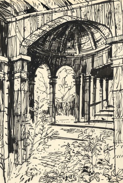 Paul Sharp - 1963 Pen and Ink Drawing, Bark Temple, Exton Park, Rutland