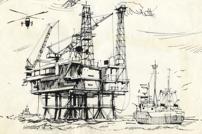 Paul Sharp - 1978 Pen and Ink Drawing, Offshore Platform