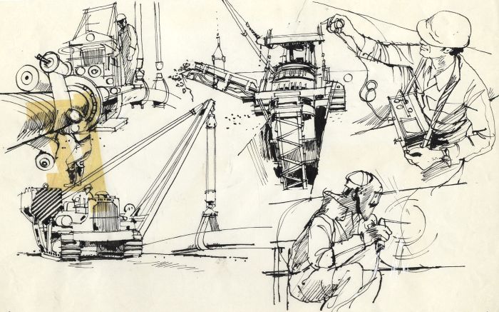 Paul Sharp - Mid 20th Century Pen and Ink Drawing, Construction Scenes