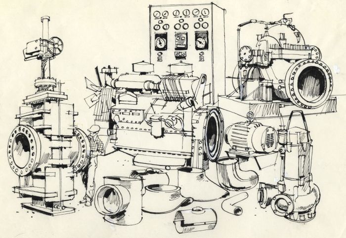 Paul Sharp - Mid 20th Century Pen and Ink Drawing, Man Working Machinery