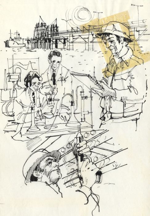 Paul Sharp - Mid 20th Century Pen and Ink Drawing, Men at Work