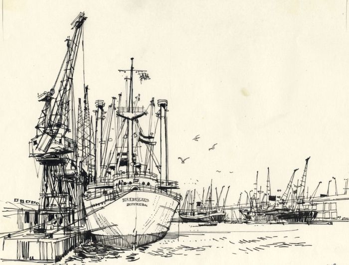 Paul Sharp - Mid 20th Century Pen and Ink Drawing, Ships in Harbour