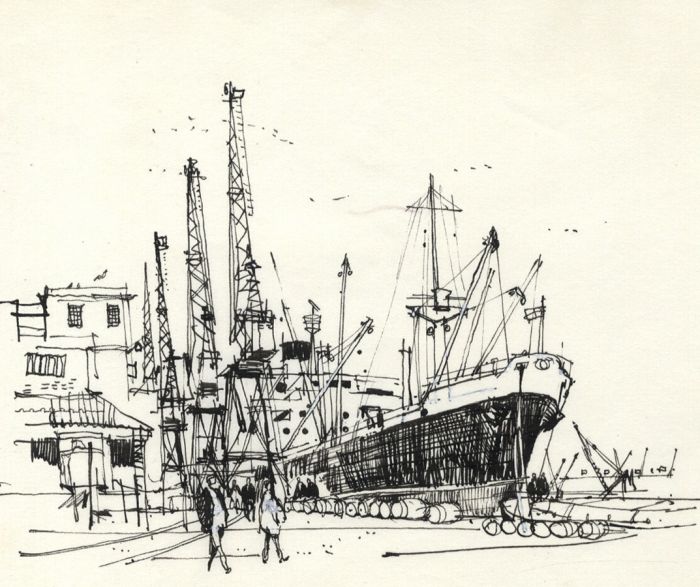 Paul Sharp - Mid 20th Century Pen and Ink Drawing, Ship in Dock