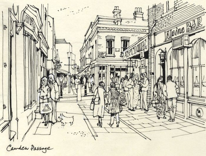 Paul Sharp - Mid 20th Century Pen and Ink Drawing, Camden Passage, London