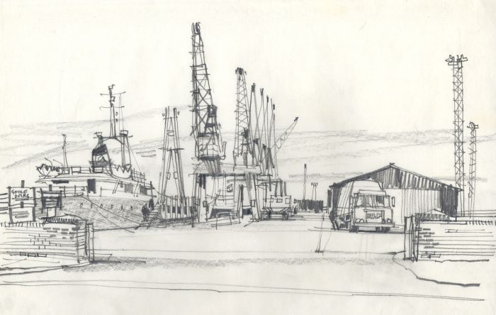 Paul Sharp - Mid 20th Century Graphite Drawing, Dockyard Scene