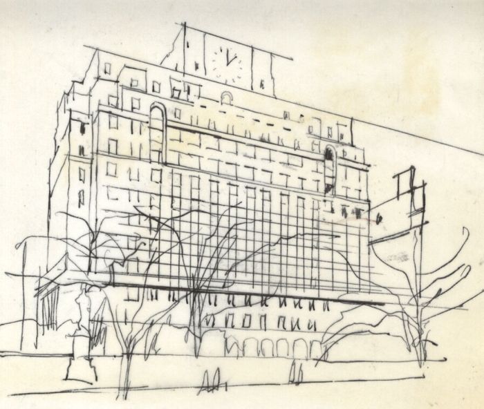 Paul Sharp - Mid 20th Century Pen and Ink Drawing, Building Facade with Clock