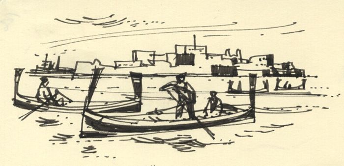 Paul Sharp - Mid 20th Century Pen and Ink Drawing, Mediterranean Rowing Scene