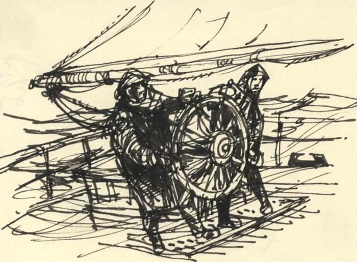 Paul Sharp - Mid 20th Century Pen and Ink Drawing, Men at the Wheel of a Boat