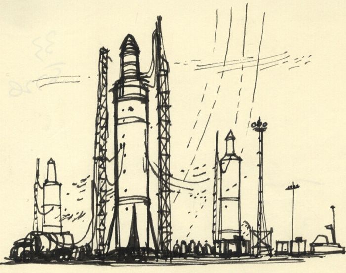 Paul Sharp - Mid 20th Century Pen and Ink Drawing, Space Shuttle Launch