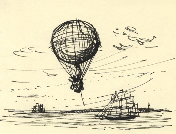 Paul Sharp - Mid 20th Century Pen and Ink Drawing, Hot Air Ballooning